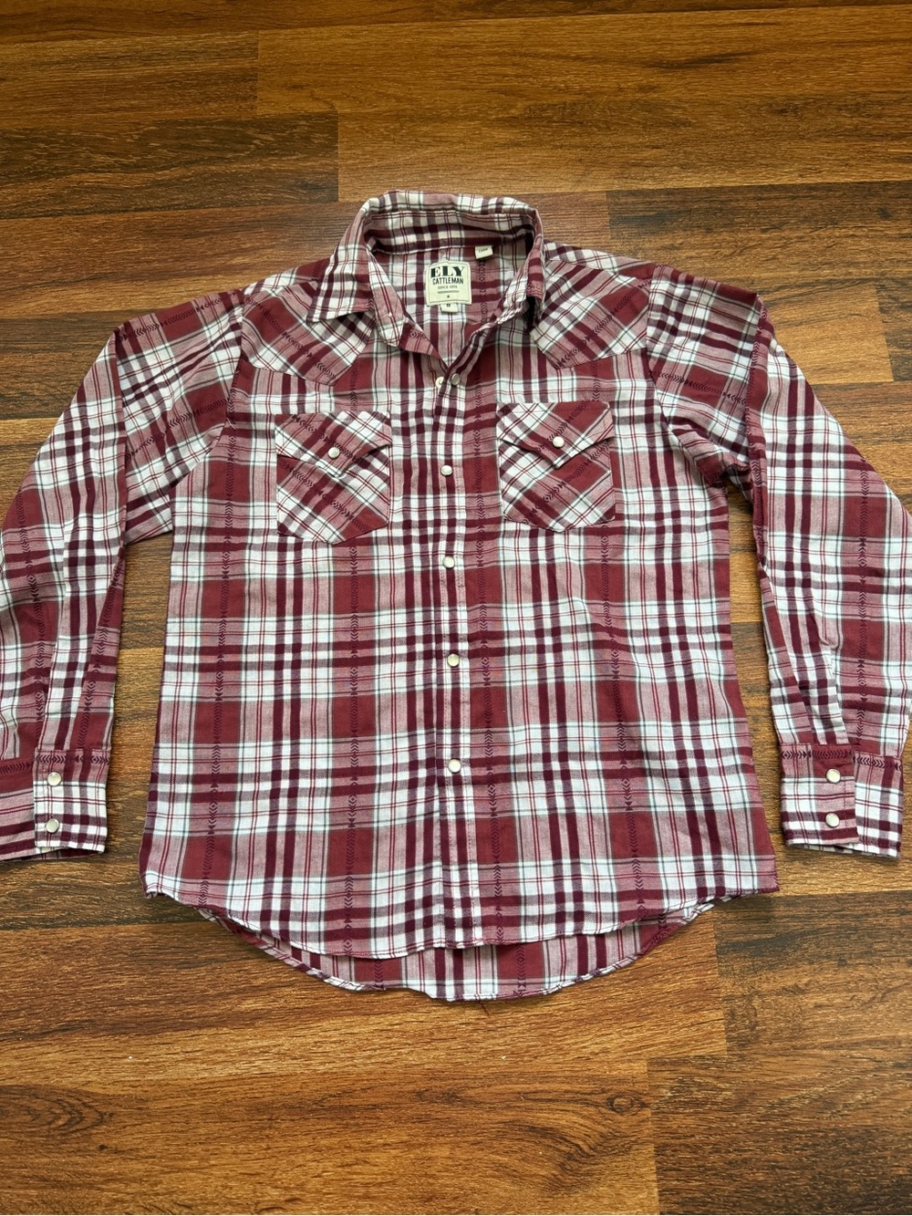 Ely Cattleman Burgundy and White Plaid Western Button-Down Shirt